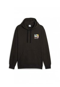 Felpa nera con cappuccio, dotata di tasca a marsupio frontale, cappuccio regolabile con stringa e un design di logo stampato in colori pastello sul petto.