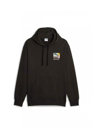 Felpa nera con cappuccio, dotata di tasca a marsupio frontale, cappuccio regolabile con stringa e un design di logo stampato in colori pastello sul petto.