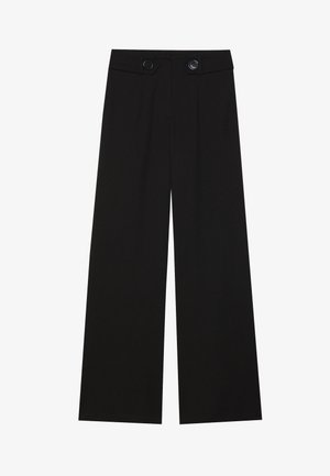Pantalons larges noirs en tissu lisse, avec une taille haute et deux boutons frontaux. Taille ajustée et design longueur complète.