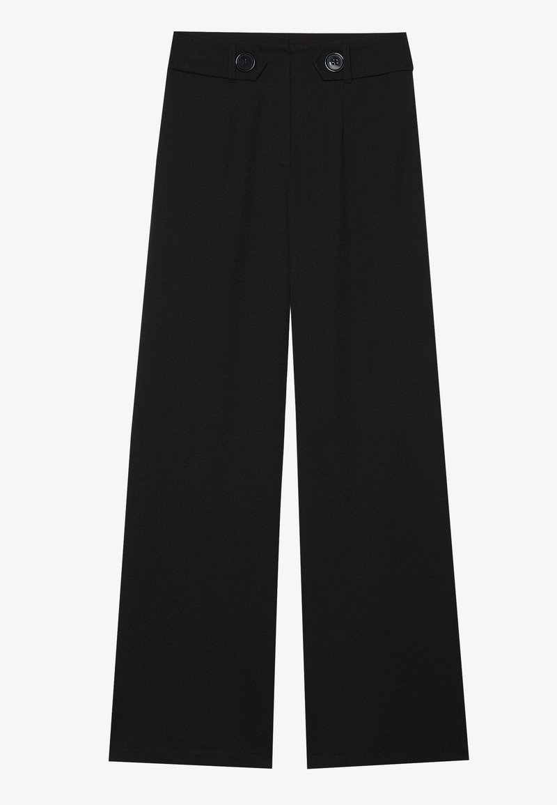 Pantaloni neri a gamba larga realizzati in tessuto morbido, con vita alta e due bottoni frontali. Vita sagomata e design a lunghezza completa.