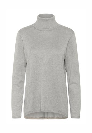 Maglione grigio a collo alto lavorato a maglia con maniche lunghe, colletto a coste e orlo leggermente curvo, realizzato in morbido tessuto testurizzato.