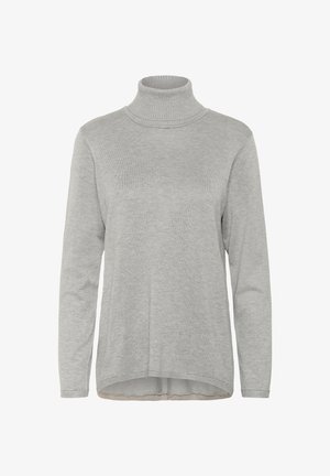 Harmaa neulottu pooloneule, jossa on pitkät hihat, ribbireunus ja hieman kaareva helma, valmistettu pehmeästä, teksturoidusta kankaasta.