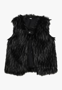 Czarna kamizelka ze sztucznego futra z długimi, teksturowanymi pasmami, otwarty przód z zapięciem na guzik. Wnętrze w pełni podszyte, bez rękawów, miękkie wykończenie.