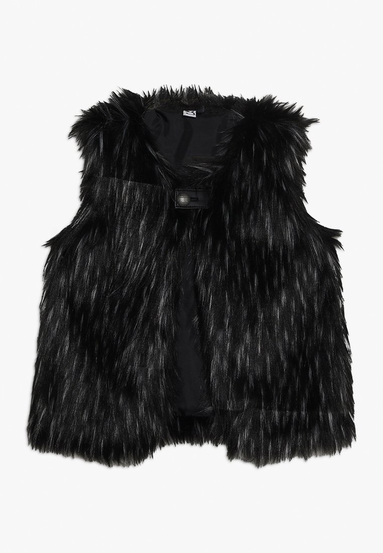 Czarna kamizelka ze sztucznego futra z długimi, teksturowanymi pasmami, otwarty przód z zapięciem na guzik. Wnętrze w pełni podszyte, bez rękawów, miękkie wykończenie.