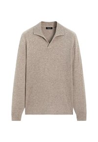 Maglione a maniche lunghe beige in maglia con colletto, polsini e orlo a costine, caratterizzato da un collo a V e una morbida texture in lana.