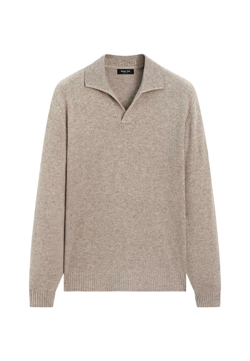 Maglione a maniche lunghe beige in maglia con colletto, polsini e orlo a costine, caratterizzato da un collo a V e una morbida texture in lana.