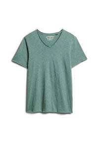 Grøn v-hals t-shirt lavet af blødt, tekstureret stof. Korte ærmer og en afslappet pasform. Har mærket label indeni halsudskæringen.