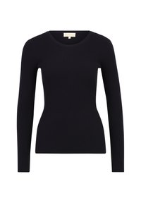 Top lungo a maniche nere con scollo rotondo, forma aderente e tessuto strutturato. Design semplice, senza motivi o decorazioni.