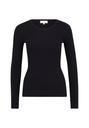 Top lungo a maniche nere con scollo rotondo, forma aderente e tessuto strutturato. Design semplice, senza motivi o decorazioni.