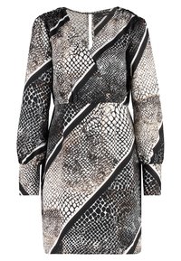Long-sleeved dress featuring a snake print pattern in shades of black, white, and brown with diagonal striped accents and a back keyhole detail.