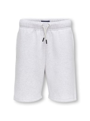 White drawstring fleece shorts with elastic waistband, side pockets, and black-tipped drawstring ends, displayed on a white background.