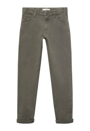 Pantaloni slim-fit in cotone verde con cinque tasche, chiusura con bottone e orli arrotolati. Texture liscia, senza motivi o decorazioni.