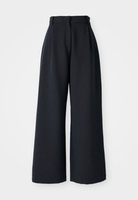 Pantaloni a gamba larga in tessuto blu scuro, design a vita alta con pieghe frontali, texture liscia e senza decorazioni visibili.
