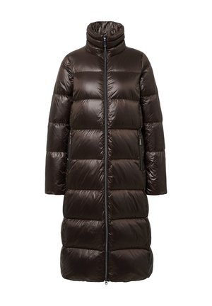 Giacca a vento marrone con collo alto, zip a tutta lunghezza e tasche laterali. Realizzata in materiale lucido e trapuntato, presenta una vestibilità comoda.