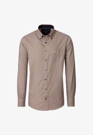 Langærmet skjorte med knapper og et geometrisk mønster i beige, marineblå og rustfarvede nuancer, der har krave med knapper og en brystlomme.