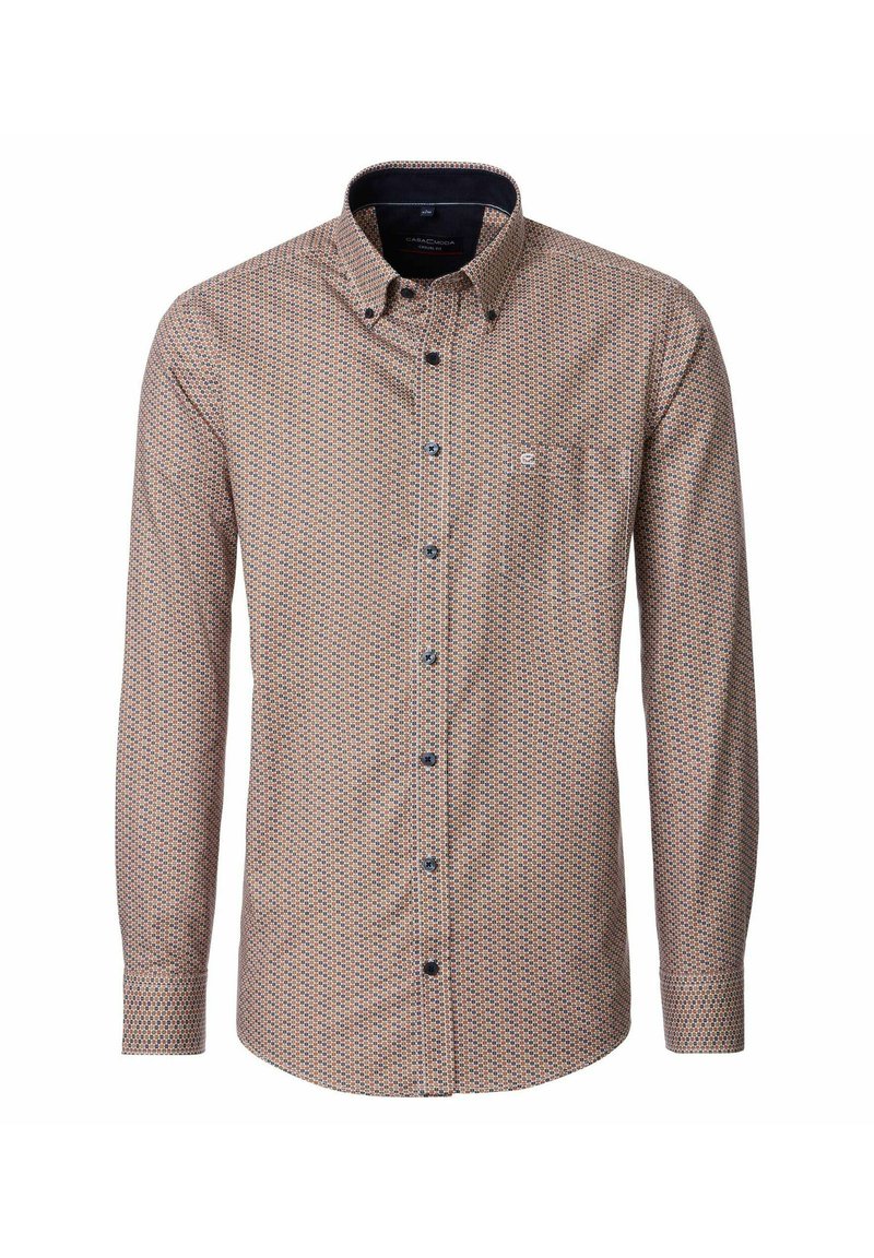 Koszula z długim rękawem z guzikiem, w geometryczny wzór w odcieniach beżu, granatu i rdzy, z kołnierzykiem zapinanym na guziki oraz kieszonką na piersi.