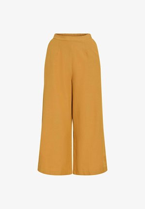 Høytlivs vide bukser i sennepsgul farge med elastisk midjebånd og frontlommer, legg-lang, laget av lett stoff.