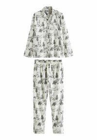Pyjama-Set aus Baumwolle mit weißem Grund und schwarz-grauem, von der Natur inspirierten Druck, der Bäume und Tiere zeigt. Hemd mit Knopfverschluss und Hose mit elastischem Bund.