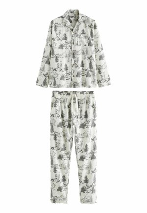 Pyjama-Set aus Baumwolle mit weißem Grund und schwarz-grauem, von der Natur inspirierten Druck, der Bäume und Tiere zeigt. Hemd mit Knopfverschluss und Hose mit elastischem Bund.