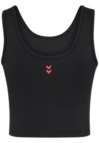 Svart kort crop top, tillverkad av elastisk tyg. Har en rund halsringning och en liten rosa chevron-logga framtill.