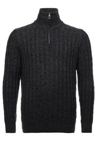 Pull noir en maille avec un col montant et une demi-fermeture éclair. Présente un motif texturé sur tout le tissu. Manches longues, poignets côtelés.