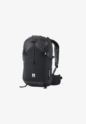 Sac à dos noir Millet Aravis 20 avec bretelles rembourrées, plusieurs fermetures éclair, logo sur le devant et ceinture de hanche, conçu pour une utilisation en extérieur.