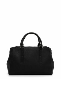 Svart läderhandväska med texturerad yta, dubbla handtag upptill och dragkedjestängning. Strukturerad form med en platt botten för stabilitet.