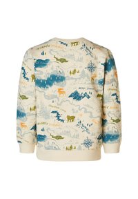 Crewneck trui in crèmewit met een landschapspatroon. Bevat blauwe, groene en oranje accenten; motieven zijn onder andere bergen, dieren en tekstontwerpen.