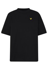 Zwarte katoenen t-shirt met een hoge halslijn en korte mouwen, voorzien van een klein geel adelaarslogo op het linkerborstgebied.