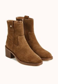 Bottines en daim marron avec un talon bloc, dotées d'une fermeture éclair latérale et d'une languette de tirage, texture lisse et design minimaliste.