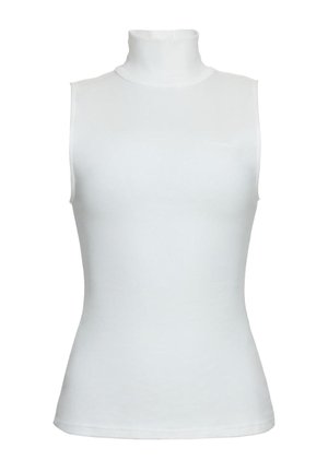 Top alb fără mâneci, strâmt, cu guler înalt tip helancă, realizat dintr-un material neted, destinat ținutelor casual sau formale pentru femei.