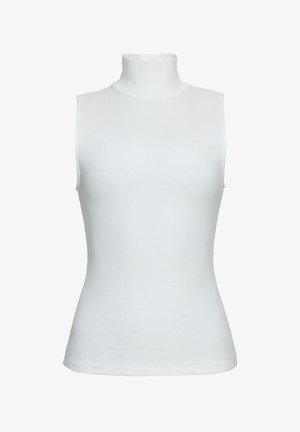 Top alb fără mâneci, strâmt, cu guler înalt tip helancă, realizat dintr-un material neted, destinat ținutelor casual sau formale pentru femei.