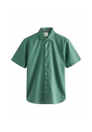 Short-sleeve button-up shirt in dark green fabric, featuring a classic collar, front button placket, and a slightly curved hem.