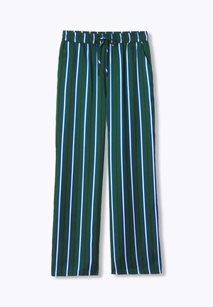 Pantalon vert ample avec des rayures verticales blanches, bleues et noires, taille élastique et cordon à l'avant.