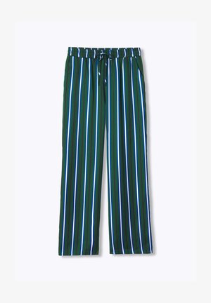 Pantalon vert ample avec des rayures verticales blanches, bleues et noires, taille élastique et cordon à l'avant.