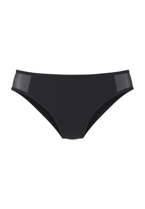 Čierne bikiny s hladkým materiálom; majú matný predný diel a textúrované bočné panely pre pridaný dizajnový detail. Stredné krytie.