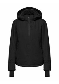 Veste noire isolée avec capuche, fermeture éclair frontale complète et poches zippées. Doublure intérieure douce avec des poignets côtelés pour plus de chaleur.
