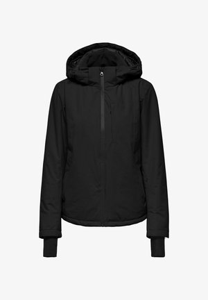 Giacca nera isolata con cappuccio, chiusura frontale a zip e tasche con zip. Fodera interna morbida con polsini a costine per un comfort maggiore.