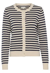 Raidallinen neuletakki kermaan ja laivastonsiniseen, pyöreällä pääntiellä, pitkillä hihoilla, napillaisella suljennalla sekä resorilla varustetuilla hihojen suilla ja helmalla.