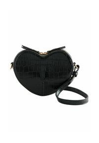 Borsa a tracolla nera a forma di cuore in pelle sintetica effetto coccodrillo, con zip in oro e tracolla regolabile. Superficie testurizzata.