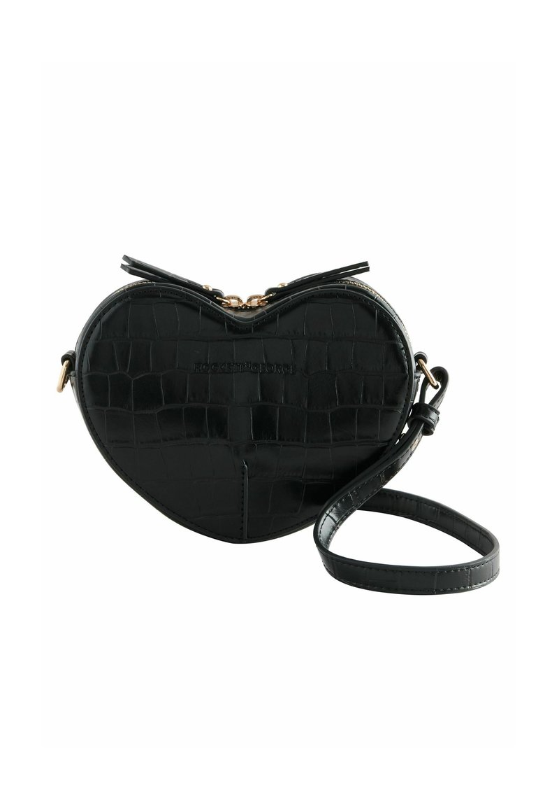 Borsa a tracolla nera a forma di cuore in pelle sintetica effetto coccodrillo, con zip in oro e tracolla regolabile. Superficie testurizzata.