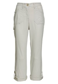 Hellbeige Cargo-Hosen mit Knopfverschluss, ausgestattet mit zwei Fronttaschen, umgeschlagenen Säumen und seitlichen Reißverschlüssen. Hergestellt aus einem strapazierfähigen Stoff.