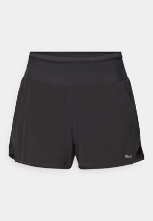 Svarte sportshorts med flat midje, kort lengde og sidelommer. Stoffet ser ut til å være pustende med en glatt tekstur.