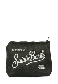 Custodia nera con zip e effetto lucido, con testo ricamato in bianco: "Sognando Saint Barth" e "Paradiso in Inverno." Texture liscia.