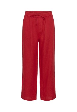 Rote weite Hose mit elastischem Bund und Kordelzug, aus leichtem Stoff, vor weißem Hintergrund dargestellt.