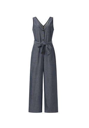 Mouwloze donkergrijze denim jumpsuit met V-hals, knoopsluiting aan de voorkant, wijde pijpen, voorzakken en een geknoopt stoffen ceintuur in de taille.
