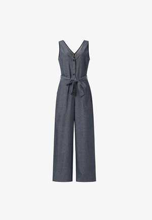 Mouwloze donkergrijze denim jumpsuit met V-hals, knoopsluiting aan de voorkant, wijde pijpen, voorzakken en een geknoopt stoffen ceintuur in de taille.