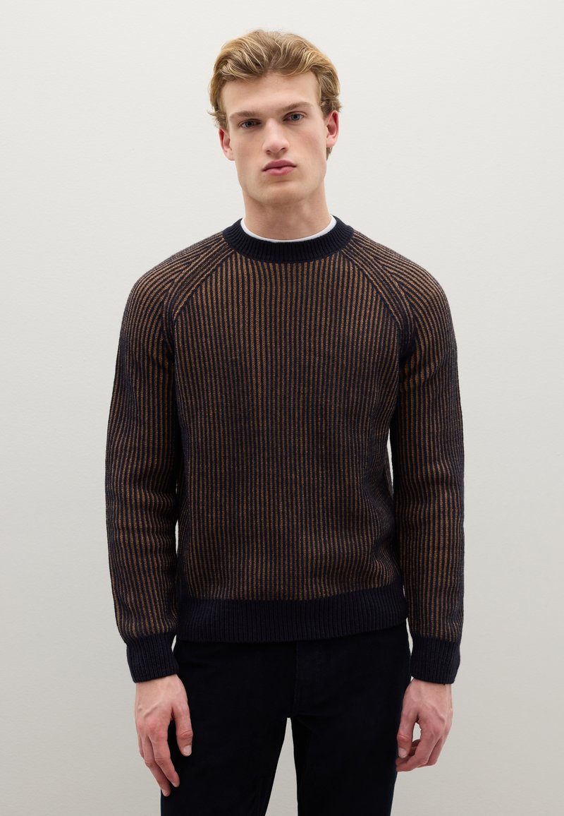 Marineblaue und braune gestreifte Strickpullover mit Raglanärmeln und gerippten Bündchen. Strukturiertes Material, Rundhalsausschnitt. Lässige Passform, minimalistischer Stil.