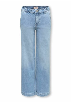 Jasnoniebieskie dżinsy z wysokim stanem i szerokimi nogawkami, z przodu zapinane na guzik i suwak, z pętlami na pasek oraz przednimi kieszeniami, ułożone na płasko na białym tle.