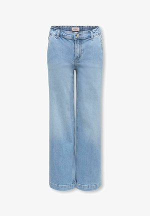 Svetlo modre široke kavbojke z visokim pasom, spredaj z gumbom in zadrgo, z zankami za pas in sprednjimi žepi, položene na ravno površino na belem ozadju.